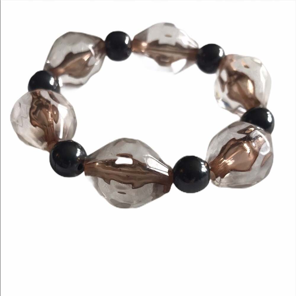 Vintage Stretch Bracelet Gun Metal Clear Amber